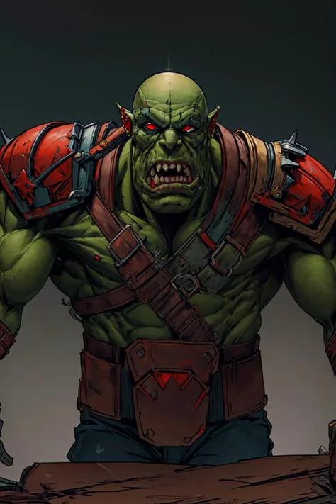 cowboy shot, solo shot, 1boy, orkz, shoulder armor, teef, bionic jaw, metal teeth, bald, green head, red eyes, hunched shoulders, green, muscular, man (masterpiece:1.2) (illustration:1.2) (best quality) (detailed) (intricate) (8k) (HDR) (wallpaper) (cinematic lighting) (sharp focus)(highly detailed face) <lora:add_detail:1> <lora:seedsOfChaosStyle_v1:.7> <lora:orkz:1>