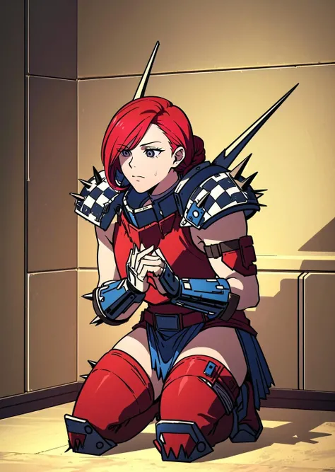 (1girl, red hair very short hair dreadlocks, black eyes, (spiralwash eyes:1.2), <lora:spiralwashv2_1544:1>, gloom) (digital) ( kneeling in detailed spacecraft interior, (red armor, shoulder armor, spikes, checkerboard, weapon)) , best quality, <lora:boldline:0.2> <lora:hairdetailer:0.2> orkz, <lora:orkz:1>