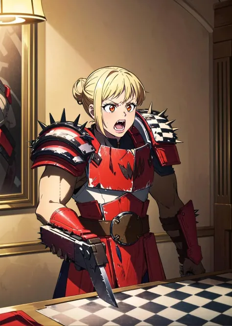 (1girl, colored inner hair very short hair single hair bun, orange eyes, , horrified) (digital) ( in detailed dining room, (red armor, shoulder armor, spikes, checkerboard, weapon)) , best quality, <lora:boldline:0.2> <lora:hairdetailer:0.2> orkz, <lora:orkz:1>