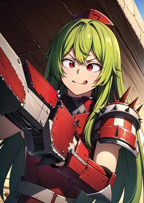 (1girl, green hair very long hair mizura, hexagon eyes, <lora:asb-yorime:1> tongue out, depressed) (digital) ( in detailed oasis, (red armor, shoulder armor, spikes, checkerboard, weapon)) , best quality, <lora:boldline:0.2> <lora:hairdetailer:0.2> orkz, <lora:orkz:1>