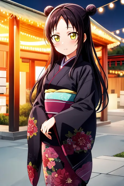 masterpiece, best quality, 1girl, solo, long hair, looking at viewer, blush, black hair, yellow eyes, hair bun, double bun, floral print, japanese clothes, kimono, wide sleeves, teria_wang, outdoor, night, lights