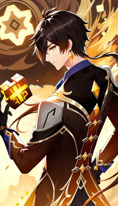 Professional anime illustration, best quality, high quality, masterpiece, original, fine texture, lifelike detailing, absurdres, incredibly detailed, hyper realistic, UHD, realistic,
BREAK
zhong li, (\zhong li\), (\genshin impact\), 1boy, solo, deep brown eyes, (eyes designed by Ilya Kuvshinov), mystical, intelligence, ennui, Geo element, flow of time, abstract patterns, eternal, deep insight, male focus,smile, long hair, bangs, gradient hair, gloves, jewelry, earrings, ponytail, long sleeves, jacket, formal, suit, necktie, shirt, looking at viewer, floating object, sparkle, <lora:Zhonglix_xl:0.85>,
BREAK
Zhongli from Genshin Impact, dressed in black and gold attire, his long black hair elegantly flowing. His deep brown eyes reflect the mystical intelligence of a deity who has lived for thousands of years, with a subtle weariness towards life. His expression is calm yet carries a hint of ennui, as if lost in distant thoughts. The background features Geo symbols and abstract patterns that evoke the flow of time, emphasizing his eternal presence. Around him, Geo element effects float, symbolizing his unchanging insight into the ever-changing world,
BREAK
rich color palette, vivid colors, natural color grading, Sophisticated Color Scheme, Saturated Colors, Complex Color Layering, Evocative Color Schemes, Luxurious Color Palette, sharp contrast, digital painting quality, Advanced Digital Techniques, cinematic quality, Dynamic Lighting, Enhanced Lighting Effects, subtle shadows, Complex Shading, Immersive Depth, Advanced Rendering, High-End Artistic Rendering, Elegant Composition, Cinematic Composition and Framing, Dynamic Anime Lighting, Depth of Field, Depth and Perspective, dynamic angle, Gallery-Worthy Visuals, Artistic Depth and Dimension,
