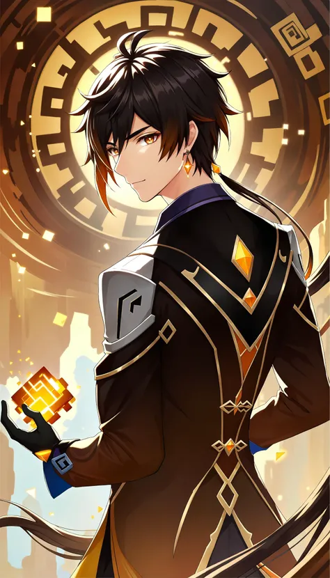 Professional anime illustration, best quality, high quality, masterpiece, original, fine texture, lifelike detailing, absurdres, incredibly detailed, hyper realistic, UHD, HDR, flat color, 
BREAK
zhong li, (\zhong li\),  (\genshin impact\), 1boy, solo, deep brown eyes, (eyes designed by Ilya Kuvshinov:1.4), mystical, intelligence, ennui, Geo element, flow of time, abstract patterns, eternal, deep insight, male focus,parted lips, long hair, bangs, gradient hair, gloves, jewelry, earrings, ponytail, long sleeves, jacket, formal, suit, necktie, shirt, from behind, looking back, arm behind back, floating object, sparkle, <lora:Zhonglix_xl:0.9>,
BREAK
Zhongli from Genshin Impact, dressed in black and gold attire, his long black hair elegantly flowing. His deep brown eyes reflect the mystical intelligence of a deity who has lived for thousands of years, with a subtle weariness towards life. His expression is calm yet carries a hint of ennui, as if lost in distant thoughts. The background features Geo symbols and abstract patterns that evoke the flow of time, emphasizing his eternal presence. Around him, Geo element effects float, symbolizing his unchanging insight into the ever-changing world,
BREAK
rich color palette, vivid colors, natural color grading, Sophisticated Color Scheme, Saturated Colors, Complex Color Layering, Evocative Color Schemes, Luxurious Color Palette, sharp contrast, digital painting quality, Advanced Digital Techniques, cinematic quality, Dynamic Lighting, Enhanced Lighting Effects, subtle shadows, Complex Shading, Immersive Depth, Advanced Rendering, High-End Artistic Rendering, Elegant Composition, Cinematic Composition and Framing, Dynamic Anime Lighting, Depth of Field, Depth and Perspective, dynamic angle, Gallery-Worthy Visuals, Artistic Depth and Dimension,