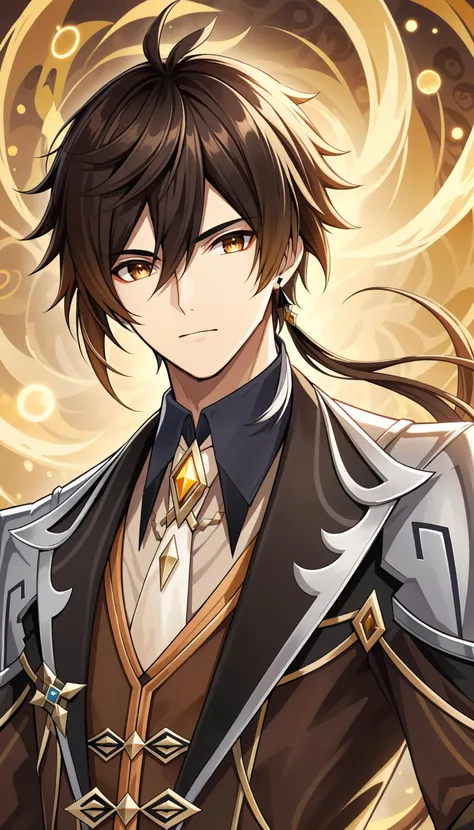 Professional anime illustration, best quality, high quality, masterpiece, original, absurdres, incredibly detailed, ultra realistic, hyper realistic, UHD, flat color,
BREAK
zhong li, (\zhong li\), (\genshin impact\), 1boy, solo, mystical, intelligence, ennui, Geo element, flow of time, abstract patterns, eternal, deep insight, male focus, deep brown eyes, closed mouth, long hair, bangs, gradient hair, gloves, jewelry, earringsponytail, long sleeves, jacket, formal, suit, necktie, shirt, from behind, looking back, <lora:Zhonglix_xl:0.8>,
BREAK
Zhongli from Genshin Impact, dressed in black and gold attire, his long black hair elegantly flowing. His deep brown eyes reflect the mystical intelligence of a deity who has lived for thousands of years, with a subtle weariness towards life. His expression is calm yet carries a hint of ennui, as if lost in distant thoughts. The background features Geo symbols and abstract patterns that evoke the flow of time, emphasizing his eternal presence. Around him, Geo element effects float, symbolizing his unchanging insight into the ever-changing world,
BREAK
beautiful lighting, Depth of Field, dynamic angle,