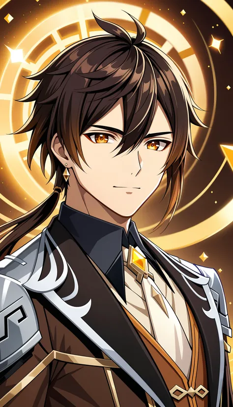 Professional anime illustration, best quality, high quality, masterpiece, original, absurdres, incredibly detailed, ultra realistic, hyper realistic, UHD, flat color,
BREAK
zhong li, (\zhong li\), (\genshin impact\), 1boy, solo, mystical, intelligence, ennui, Geo element, flow of time, abstract patterns, eternal, deep insight, male focus, deep brown eyes, eyes designed by Ilya Kuvshinov, closed mouth, long hair, bangs, gradient hair, gloves, jewelry, earrings, ponytail, long sleeves, jacket, formal, suit, necktie, shirt, from behind, looking back, arm behind back, floating object, sparkle, <lora:Zhonglix_xl:0.5>,
BREAK
Zhongli from Genshin Impact, dressed in black and gold attire, his long black hair elegantly flowing. His deep brown eyes reflect the mystical intelligence of a deity who has lived for thousands of years, with a subtle weariness towards life. His expression is calm yet carries a hint of ennui, as if lost in distant thoughts. The background features Geo symbols and abstract patterns that evoke the flow of time, emphasizing his eternal presence. Around him, Geo element effects float, symbolizing his unchanging insight into the ever-changing world,
BREAK
beautiful lighting, Depth of Field, dynamic angle,