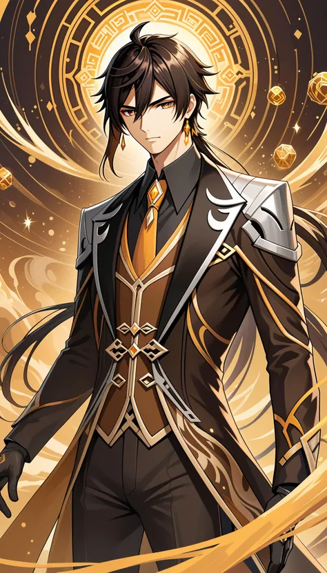 Professional anime illustration, best quality, high quality, masterpiece, original, absurdres, incredibly detailed, ultra realistic, hyper realistic, UHD, flat color,
BREAK
zhong li, (\zhong li\), (\genshin impact\), 1boy, solo, mystical, intelligence, ennui, Geo element, flow of time, abstract patterns, eternal, deep insight, male focus, deep brown eyes, eyes designed by Ilya Kuvshinov, parted lips, long hair, bangs, gradient hair, gloves, jewelry, earrings, ponytail, long sleeves, jacket, formal, suit, necktie, shirt, looking at viewer, floating object, sparkle, <lora:Zhonglix_xl:0.3>,
BREAK
Zhongli from Genshin Impact, dressed in black and gold attire, his long black hair elegantly flowing. His deep brown eyes reflect the mystical intelligence of a deity who has lived for thousands of years, with a subtle weariness towards life. His expression is calm yet carries a hint of ennui, as if lost in distant thoughts. The background features Geo symbols and abstract patterns that evoke the flow of time, emphasizing his eternal presence. Around him, Geo element effects float, symbolizing his unchanging insight into the ever-changing world,
BREAK
beautiful lighting, Depth of Field, dynamic angle,