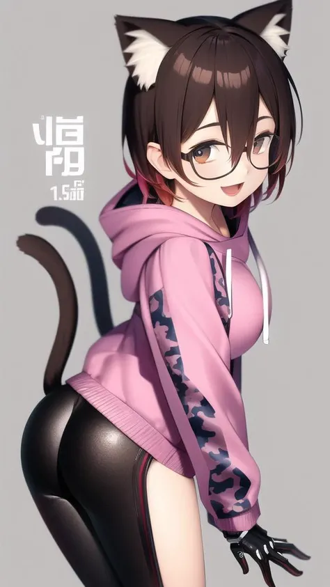 RobocoSan, portrait, close-up,
1girl, roboco-san, solo, virtual youtuber, animal ears, hood, glasses, brown hair, hoodie, pink hoodie, open mouth, looking at viewer, cat ears, breasts, smile, hair between eyes, short hair, android, character name, mechanical arms, brown eyes, multicolored hair, extra ears, black-framed eyewear, animal ear fluff, medium breasts, mechanical legs, blush, hood down, bangs, camouflage, long sleeves, leaning forward, :d, gradient hair, cowboy shot, ass, gloves, kemonomimi mode,
(best quality:1.2),(masterpiece:1.3),(detailed description),(best quality),(extremely detailed)+,(masterpiece),(ultra detailed),(best illustration),(best shadow),original, illustration, best quality, masterpiece, dynamic angle, detailed beautiful,