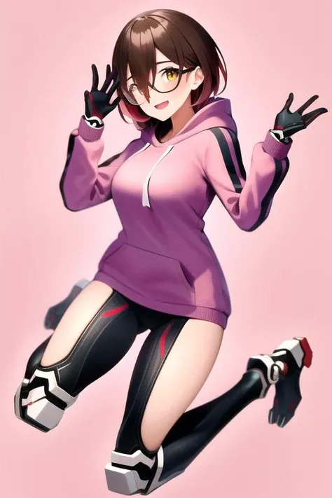 RobocoSan, traditional media, marker \(medium\),
roboco-san, 1girl, mechanical legs, virtual youtuber, solo, hood, glasses, hoodie, brown hair, android, pink hoodie, open mouth, mechanical arms, looking at viewer, smile, breasts, multicolored hair, short hair, full body, pink background, gradient hair, bangs, medium breasts, black-framed eyewear, blush, hair between eyes, hands up, hood down, brown eyes, long sleeves, :d, yellow eyes, thighs, gloves, drawstring,
masterpiece, best quality,