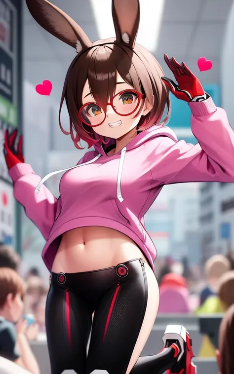 RobocoSan, upper body, character focus, 
1girl, roboco-san, mechanical legs, animal ears, brown hair, rabbit ears, glasses, solo, smile, mechanical arms, navel, bunny pose, red-framed eyewear, short hair, gloves, breasts, multicolored hair, heart, blush, pink hoodie, brown eyes, jumping, gradient hair, hood, hoodie, looking at viewer, grin, 
masterpiece, best quality,