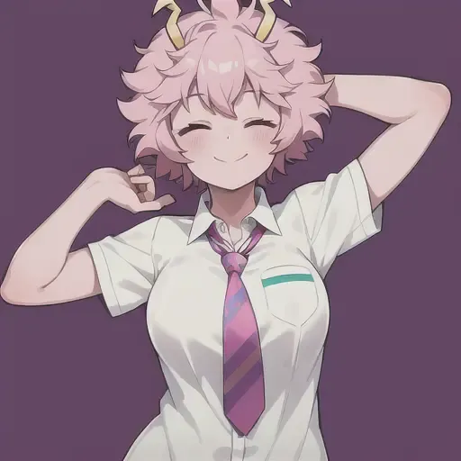 mina ashido, 1girl, solo, smile, short hair, shirt, closed mouth, school uniform, closed eyes, white shirt, upper body, pink hair, short sleeves, necktie, horns, collared shirt, star (symbol), arms up, ^_^, colored skin, pink background, red necktie, striped background, pink skin, u.a. school uniform <lora:MinaAshidoLoRA-10:0.6>