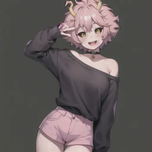 mina ashido, 1girl, solo, looking at viewer, smile, short hair, open mouth, simple background, long sleeves, white background, bare shoulders, collarbone, yellow eyes, pink hair, :d, heart, cowboy shot, horns, shorts, off shoulder, sweater, hand on hip, v, colored skin, black shorts, colored sclera, black sclera, off-shoulder sweater, pink skin, v over eye, purple sweater <lora:MinaAshidoLoRA-10:0.6>