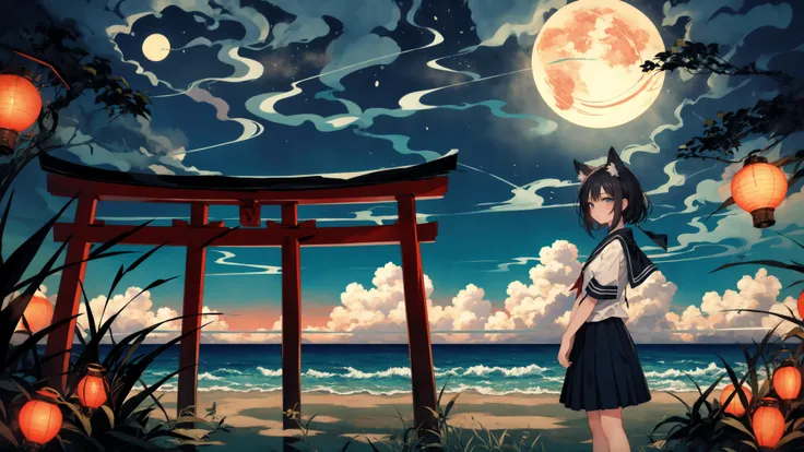 solo,full_moon, moon, night, 1girl, night_sky, star_\(sky\), animal_ears, starry_sky, red_moon, sky, torii, long_hair, solo, paper_lantern, japanese_clothes, round_window, lantern, looking_at_viewer,1girl, scenery, cloud, solo, sky, outdoors, skirt, plant, school uniform, day, signature, ocean, shirt, black hair, blue sky, white shirt, (horizon:0.94), cloudy sky, summer, serafuku, short sleeves, wide shot, short hair, standing, blue skirt, pleated skirt, socks, shoes, from side, grass, water, overgrown,,,
<lora:è¾
ä½ä¿®æ£(Weird image):1><lora:ä»å®µHuya:0.7>