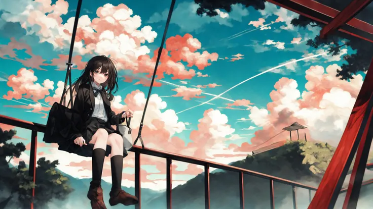 solo,(1girl:0.89), outdoors, tree, sky, cloud, scenery, solo, swing, blue sky, day, long hair, skirt, building, sitting, socks, sunlight, shoes, cloudy sky, kneehighs, wide shot, school uniform, black hair, long sleeves, black socks, railing, bag, jacket, signature, shirt, power lines, black skirt,,,
<lora:è¾
ä½ä¿®æ£(Weird image):1><lora:ä»å®µHuya:0.75>
