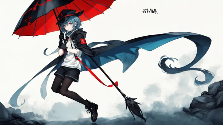 solo,arknights, signature, ææ¥æ¹è, english text, Chinese text, 1boy, male focus, umbrella, holding umbrella, copyright name, logo, solo, hat, blue hair, (gloves:0.74), shorts, pantyhose, character name, holding, tentacles, black pantyhose, black footwear, looking at viewer, cloak, full body, watermark, white (gloves:0.74), bangs, black shorts, hood, boots, pink eyes,,,
<lora:è¾
ä½ä¿®æ£(Weird image):1><lora:ä»å®µHuya:0.7>