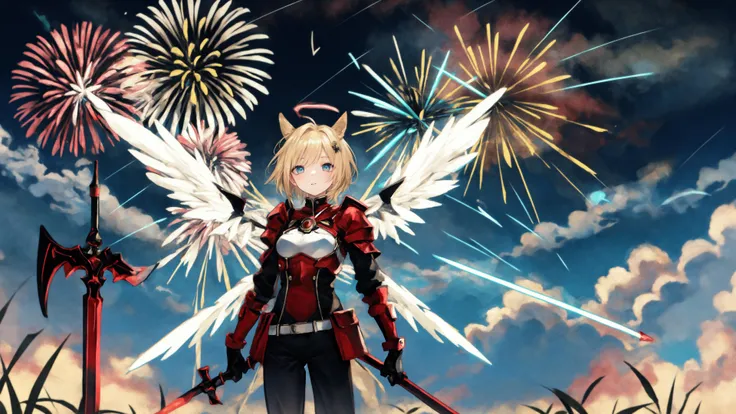 solo,diffraction_spikes, sparkle, sparkle_background, glint, sparkling_eyes, sparks, lens_flare, armor, horse_ears, wings, 1girl, hirschgeweih_antennas, +_+, spread_wings, energy_sword, glowing_weapon, sun, star_\(sky\), glowing_sword, shooting_star, halo, blonde_hair, (constellation:0.96), black_wings, feathered_wings, fireworks, rainbow, solo, horse_girl, breastplate, weapon, gauntlets,,,
<lora:è¾
ä½ä¿®æ£(Weird image):1><lora:ä»å®µHuya:0.7>