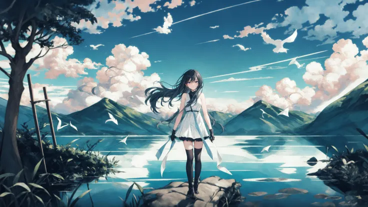 (solo:0.76),1girl, long_hair, gloves, thighhighs, bird, blue_hair, boots,1girl, (solo:0.76), long hair, cloud, sky, dress, day, scenery, outdoors, white dress, blue sky, standing, sleeveless, black hair, tree, sleeveless dress, wind, mountain, water, floating hair,,,
<lora:è¾
ä½ä¿®æ£(Weird image):1><lora:ä»å®µHuya:0.7>