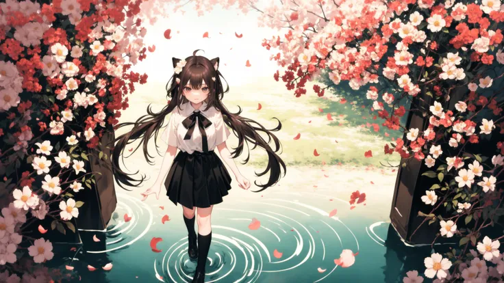 solo,specter_\(arknights\), habit, 1girl, nun, long_hair, thighhighs, red_eyes, breasts, solo, white_hair, open_mouth, very_long_hair, black_footwear, (boots:0.98),1girl, solo, skirt, shirt, from above, depth of field, short hair, blurry, white shirt, standing, short sleeves, cherry blossoms, musical note, sheet music, outdoors, petals, pleated skirt, quarter note, walking, blurry foreground, looking up, flower, hair between eyes, bangs, looking at viewer, closed mouth, arms at sides, green eyes, black skirt, socks, tree, brown skirt, brown hair, eighth note, staff (music), black hair, ripples, wind, blue eyes, blouse, black footwear, collared shirt,,,
<lora:è¾
ä½ä¿®æ£(Weird image):1><lora:ä»å®µHuya:0.7>