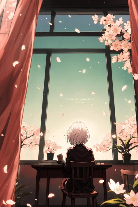 1girl, solo, short hair, upper body, dress, closed mouth, long sleeves, simple background, gloves ,long hair, window, chair, indoors, book, sitting, facing away, braid, very long hair, petals, white hair, curtains, artist name, solo, from behind, plant, scenery, desk, bed, sunlight, tree, blurry, light particles, blurry foreground, depth of field, cherry blossoms, open window
/////////// <lora:Huya:0.7>, <lora:ç»ä¸½çå
å½±:0.2>,<lora:add_detail:0.35>, <lora:adaptedmodel:0.35>