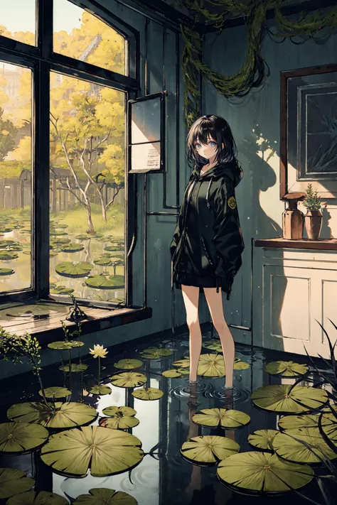 1girl, solo, black hair, looking at viewer, bangs, blue eyes, standing, hood, jacket, long hair ,piano, scenery, grand piano, window, instrument, overgrown, water, plant, flower, indoors, grass, ruins, reflection, sunlight, tree, lily pad, moss, day, pond, artist name
/////////// <lora:Huya:0.7>, <lora:ç»ä¸½çå
å½±:0.2>,<lora:add_detail:0.35>, <lora:adaptedmodel:0.35>