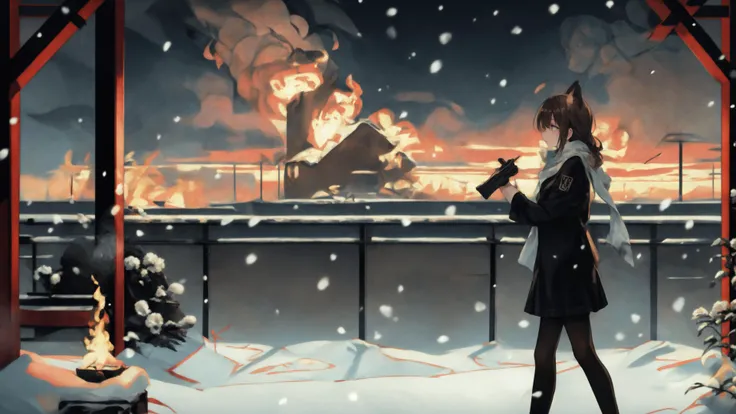 solo,fire, firing, explosion, gun, weapon, smoke, muzzle_flash, burning, holding_gun, police, flame, animal_ears, police_uniform, shell_casing, (smoking_gun:0.75), motor_vehicle,multiple girls, 2girls, skirt, snow, outdoors, long hair, shoes, scarf, pantyhose, snowing, winter, jacket, night, black hair, standing, building, artist name, black footwear, brown hair, school uniform, blue skirt, socks, loafers, coat, thighhighs, long sleeves, pleated skirt, walking, from side, scenery, kneehighs, plaid, bangs, ahoge, plaid skirt, window,,,
<lora:è¾
ä½ä¿®æ£(Weird image):1><lora:ä»å®µHuya:0.7>