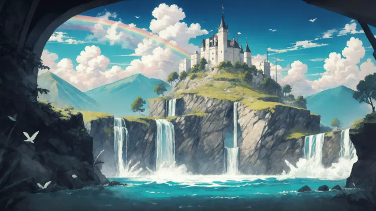 solo,(scenery:1.0), outdoors, no humans, cloud, day, rainbow, sky, mountain, bird, blue sky, tree, water, castle, waterfall,,,
<lora:è¾
ä½ä¿®æ£(Weird image):1><lora:ä»å®µHuya:0.7>