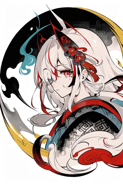 (masterpiece),(best quality),(illustration),looking at viewer,colorful,from side,((chinese colorful ink)),flat color,
(1girl:1.2),detailed long white hair + red eyes,detailed face,half body,(white hair:1.4),(mole under eye:0.9),squinting,eyeshadow,hair ornament,small breasts,((kimono)),cold face,long floating hair,hair over one eye\\,
(masterpiece),(best quality),(illustration),(portrait),((ink splashing)),((chinese colorful ink)),((Chinese color ink painting style)),
1girl,upper body,(white hair +red eyes),(cute face:0.95),(detailed beautiful face:0.95),colorful painting,
(inside red fire AND (blue fire)),eyes<light>,inner red hair,circular fan background,
(Floating),(illustration),(Amazing),(Absurd),((sharp focus)),((extremely detailed)),((high saturation)),((surrounded by color ink splashes)),((extremely detailed body)),((colorful)),<lora:Huya:0.7>,
