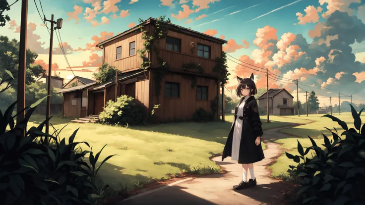 (solo:0.77),1girl, silence_\(arknights\), drone, coat, feather_hair, brown_hair, open_coat, (solo:0.77), yellow_eyes,scenery, cloud, sky, outdoors, no humans, tree, sunset, grass, building, cloudy sky, ground vehicle, lamppost, overgrown, power lines, ruins, evening, plant, sign, utility pole,,,
<lora:è¾
ä½ä¿®æ£(Weird image):1><lora:ä»å®µHuya:0.7>