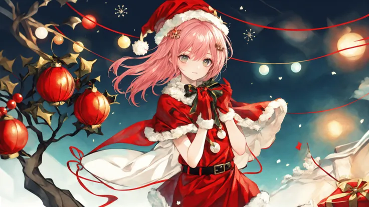 (solo:0.77),christmas, santa_hat, christmas_ornaments, fur_trim, santa_costume, reindeer, bell, christmas_tree, reindeer_antlers, antlers, gift, merry_christmas, hat, pink_hair, fur-trimmed_headwear, wreath, holly, candy_cane, gift_box, santa_dress, red_gloves, christmas_lights, sack, fur-trimmed_dress, santa_boots, capelet,,,
<lora:è¾
ä½ä¿®æ£(Weird image):1><lora:ä»å®µHuya:0.75>
