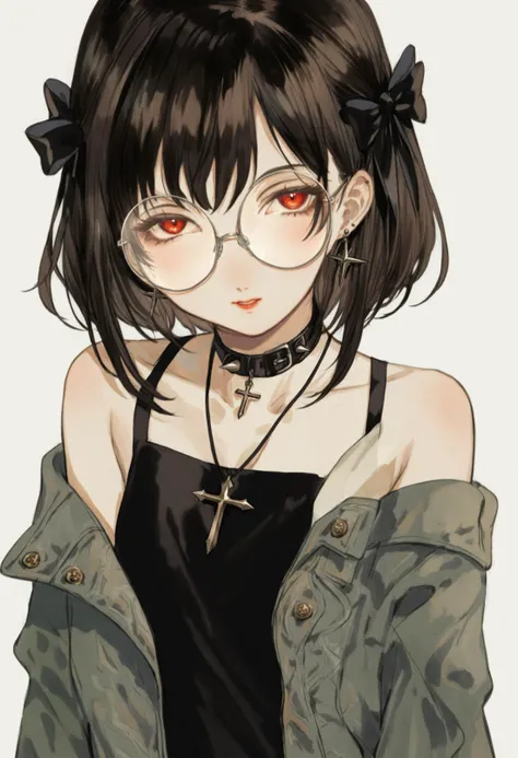 masterpiece, best quality,1girl, solo, glasses, cross, black hair, round eyewear, jewelry, white background, simple background, earrings, bow, hair bow, looking at viewer, jacket, cross earrings, choker, shirt, blush, white shirt, medium hair, short sleeves, black choker, upper body, parted lips, red eyes, green jacket, off shoulder, frills, black dress, black bow, open jacket, spikes, cross necklace, open clothes
<lora:huyaXLlokr3f-000191:0.95>