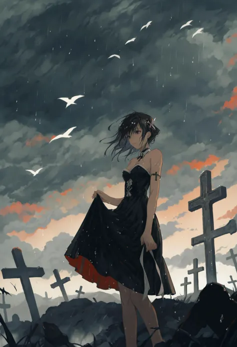 masterpiece, best quality,1girl, rain, dress, bird, solo, skirt hold, bare shoulders, sky, cross, outdoors, graveyard, hair ornament, strapless dress, scenery, cloud, wet
<lora:huyaXLlokr3f-000191:0.95>