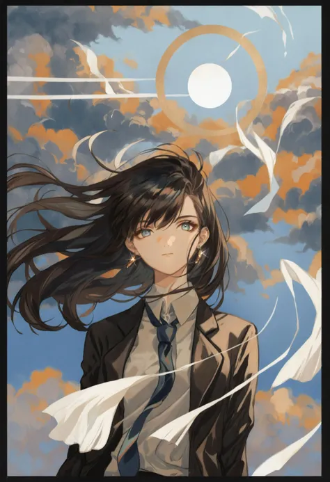 masterpiece, best quality,1girl, solo, long hair, black hair, looking at viewer, jewelry, sky, shirt, jacket, border, outdoors, black border, black jacket, long sleeves, collared shirt, earrings, closed mouth, necktie, floating hair, blue sky, upper body, necklace
<lora:huyaXLlokr3f-000191:0.95>