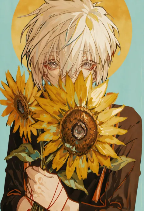 masterpiece, best quality,solo, sunflower, flower, looking at viewer, holding, holding flower, male focus, 1boy, white hair, short hair, hair between eyes, upper body, covered mouth, grey eyes, black shirt, orange theme, shirt, long sleeves
<lora:huyaXLlokr3f-000191:0.95>