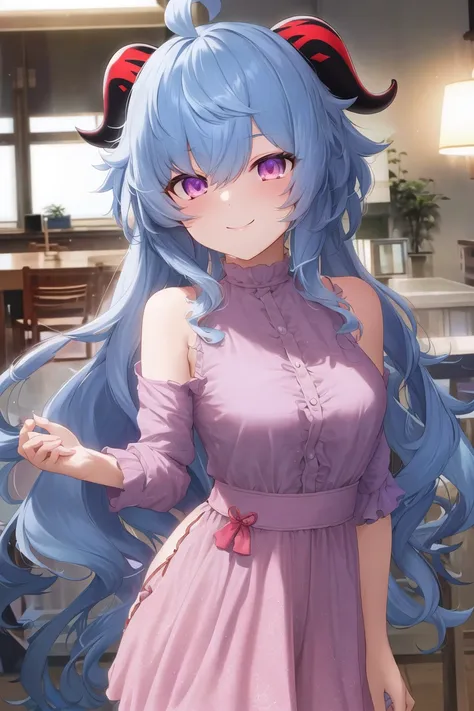 by MDA Starou, best quality, ganyu \(genshin impact\), 1girl, solo, light blue hair, ahoge, long hair, medium breasts, sidelocks, horns, purple eyes, pink eyes, looking at viewer, alternate costume, casual, <lora:Ganyu_Medium:0.7>,  smile, <lora:mdaStarouStyleNSFW_v10:0.7>