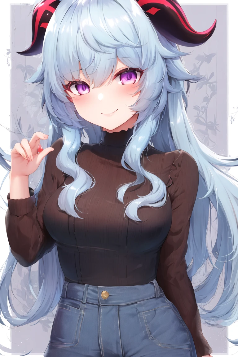 by MDA Starou, best quality, ganyu \(genshin impact\), 1girl, solo, light blue hair, ahoge, long hair, medium breasts, sidelocks, horns, purple eyes, pink eyes, looking at viewer, alternate costume, casual, <lora:Ganyu_Medium:0.7>, smile, <lora:mdaStarouStyleNSFW_v10:1>