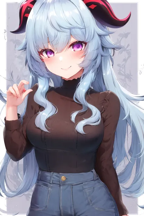 by MDA Starou, best quality, ganyu \(genshin impact\), 1girl, solo, light blue hair, ahoge, long hair, medium breasts, sidelocks, horns, purple eyes, pink eyes, looking at viewer, alternate costume, casual, <lora:Ganyu_Medium:0.7>,  smile, <lora:mdaStarouStyleNSFW_v10:1>