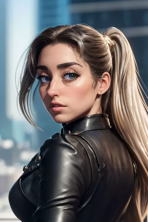 a photo of S078_Slayeas, a stunnig woman, on a (height:1.25), looking down on the city, wearing a (leather-outfit), (8k, RAW photo, best quality, ultra high res, depth of field:1.2), (absurdres, intricate, photorealistic, masterpiece, ultra-detailed, Unreal Engine:1.3)