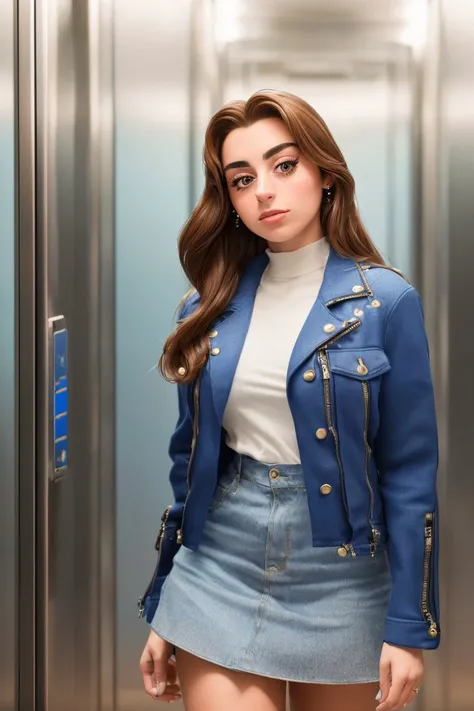 a photo of S078_Slayeas, a beautiful woman, in an (elevator:1.2), wearing a (jacket), (8k, RAW photo, best quality, ultra high res, depth of field:1.2), (absurdres, intricate, photorealistic, masterpiece, ultra-detailed, Unreal Engine:1.3)