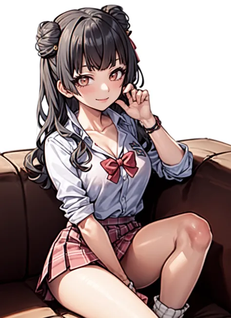 <lora:mayuzumi fuyuko:1>, mayuzumi fuyuko, 1girl, solo, skirt, black hair, loose bowtie, looking at viewer, blush, bow, shirt, pink skirt, bangs, plaid, bowtie, open collar, sitting, gyaru, smile, breasts, socks, long hair, plaid skirt, school uniform, white shirt, blunt bangs, loose socks, white background, thighs, simple background, double bun, miniskirt, pleated skirt, cleavage, hair bun, medium breasts, collarbone, kogal, brown eyes, knee up