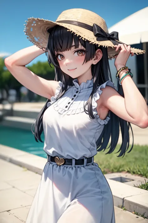 <lora:mayuzumi fuyuko:1>, mayuzumi fuyuko, 1girl, solo, hat, black hair, long hair, smile, looking at viewer, brown eyes, sun hat, hands on headwear, blurry background, bangs, white headwear, blurry, belt, sleeveless, blush, blunt bangs, dress, upper body, bow, ribbon, white dress, shirt, bracelet, jewelry, skirt, frills