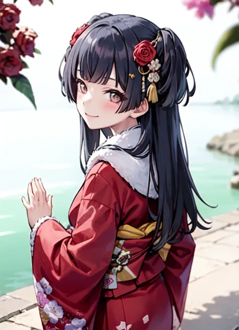 <lora:mayuzumi fuyuko:1>, mayuzumi fuyuko, 1girl, japanese clothes, solo, kimono, hair flower, hair ornament, flower, blush, black hair, blurry background, looking at viewer, floral print, smile, own hands together, blurry, bangs, upper body, wide sleeves, brown eyes, sash, frills, two side up, pink kimono, closed mouth, obi, print kimono, long hair, outdoors, blunt bangs, red flower, long sleeves, bow, hair bow, frilled sleeves, depth of field, fur trim, rose, fur-trimmed kimono, from back,