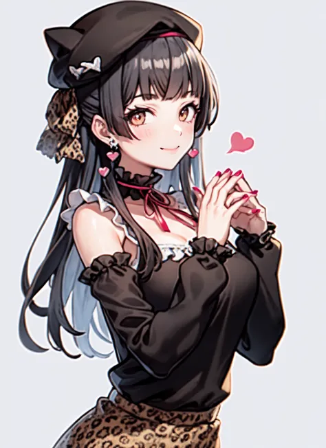 <lora:mayuzumi fuyuko:1>, mayuzumi fuyuko, 1girl, solo, black hair, hat, jewelry, long hair, looking at viewer, bangs, earrings, skirt, white background, smile, shirt, simple background, heart earrings, long sleeves, heart, black headwear, black shirt, frilled choker, breasts, brown eyes, choker, blunt bangs, upper body, beret, medium breasts, brown skirt, frills, nail polish, ribbon, red nails, closed mouth, animal print, blush, frilled sleeves, leopard print, neck ribbon, own hands together