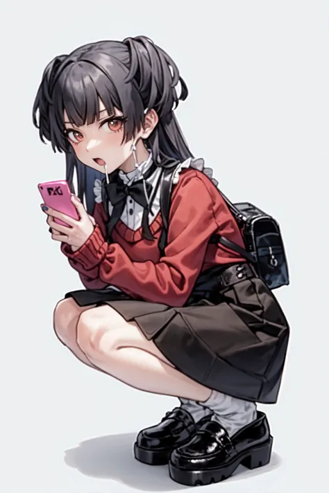 <lora:mayuzumi fuyuko:1>, mayuzumi fuyuko, 1girl, solo, jirai kei, black hair, skirt, squatting, black skirt, phone, white background, simple background, shirt, bangs, long hair, two side up, red shirt, looking at viewer, holding, bow, mouth mask, cellphone, socks, full body, bag, long sleeves, black footwear, holding phone, nail polish, shoes, white socks, frills, bowtie, red sweater, mask, blunt bangs