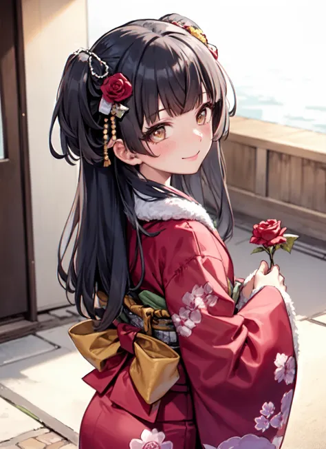 <lora:mayuzumi fuyuko:1>, mayuzumi fuyuko, 1girl, japanese clothes, solo, kimono, hair flower, hair ornament, flower, blush, black hair, blurry background, looking at viewer, floral print, smile, own hands together, blurry, bangs, upper body, wide sleeves, brown eyes, sash, frills, two side up, pink kimono, closed mouth, obi, print kimono, long hair, outdoors, blunt bangs, red flower, long sleeves, bow, hair bow, frilled sleeves, depth of field, fur trim, rose, fur-trimmed kimono, from back,