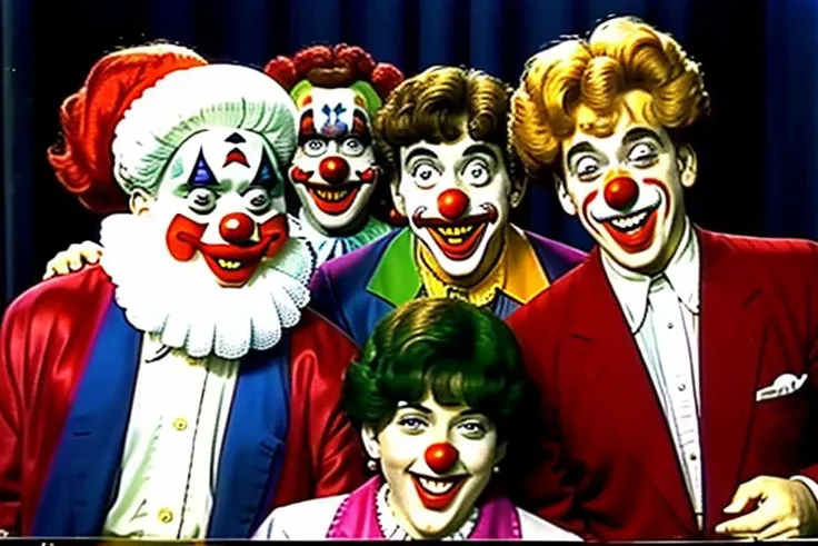 A bunch of creepy clowns laughing at camera, vhs still from tv, cable tv-show, 90vhs <lora:90VHS:1> <lora:epiNoiseoffset_v2:1>,thematic background