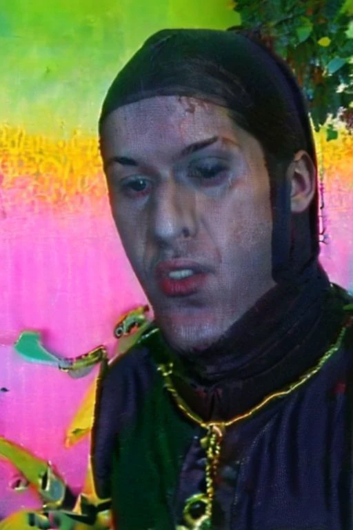Weirdcore close-up of <ffurian> male character with beard, standing in pink hills plants, pantyhose, pantyhose mask, 90VHS, (<ffurian> close-up, in black clothing 1.3), ffurian looking at viewer (y2k aesthetic 0.8), ms paint style <lora:ms-paint-lora:1> (sunny weather 1.2), the matrix , <lora:y2kaesthetic:0.7>, 3d render, lush, bloom, neon, half0ster,
