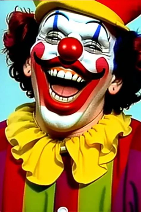 A weird clown laughing at camera, vhs still from tv, cable tv-show, 90vhs <lora:90VHS:1> <lora:epiNoiseoffset_v2:1>,thematic background