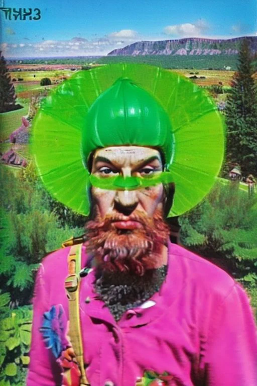 Weirdcore close-up of <ffurian> male character with beard, standing in green hills plants, 90VHS, (<ffurian> close-up, in pink clothing 1.3), ffurian looking at viewer (y2k aesthetic 0.8), ms paint style <lora:ms-paint-lora:1> (sunny weather 1.2), the matrix movie, <lora:y2kaesthetic:0.7>, 3d render, lush, bloom, neon, half0ster