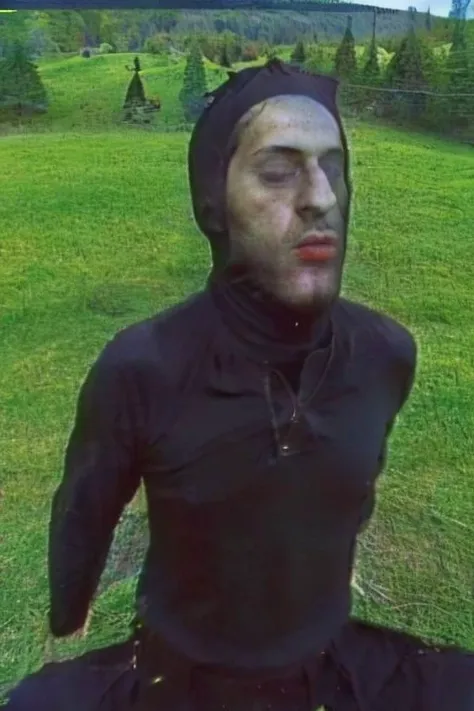 Weirdcore close-up of <ffurian> male character with beard, standing in hills, pantyhose, pantyhose mask, 90VHS, (<ffurian> close-up, in black clothing 1.3), ffurian looking at viewer (y2k aesthetic 0.8), ms paint style <lora:ms-paint-lora:1> (sunny weather 1.2), the matrix , <lora:y2kaesthetic:0.7>, 3d render, lush, bloom, neon, half0ster,