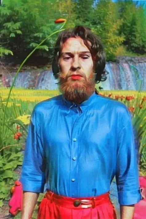Weirdcore close-up of <ffurian> male character with beard, standing in pink hills plants, 90VHS, (<ffurian> close-up, in blue clothing 1.3), ffurian looking at viewer (y2k aesthetic 0.8), ms paint style <lora:ms-paint-lora:1> (sunny weather 1.2), the matrix , <lora:y2kaesthetic:0.7>, 3d render, lush, bloom, neon, half0ster