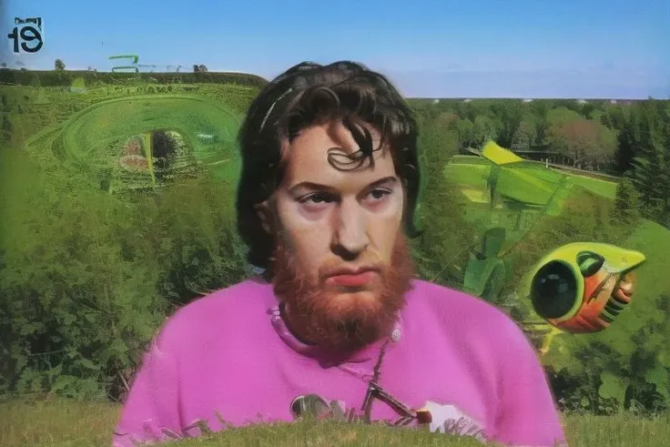 Weirdcore close-up of <ffurian> male character with beard, standing in green hills plants, 90VHS, (<ffurian> close-up, in pink clothing 1.3),  ffurian looking at viewer (y2k aesthetic 0.8), ms paint style <lora:ms-paint-lora:1> (sunny weather 1.2), the matrix movie, <lora:y2kaesthetic:0.7>, 3d render, lush, bloom, neon, half0ster